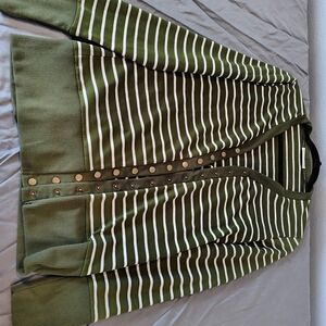 Green and White Striped Snap Front Cardigan